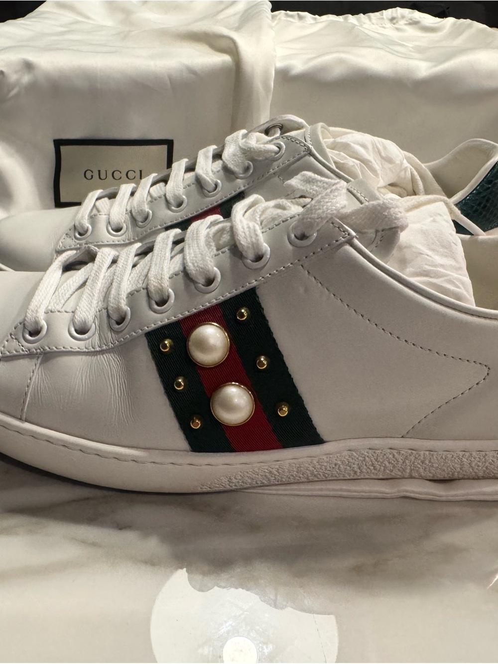 Gucci White Leather Sneakers with Signature Web & Pearls